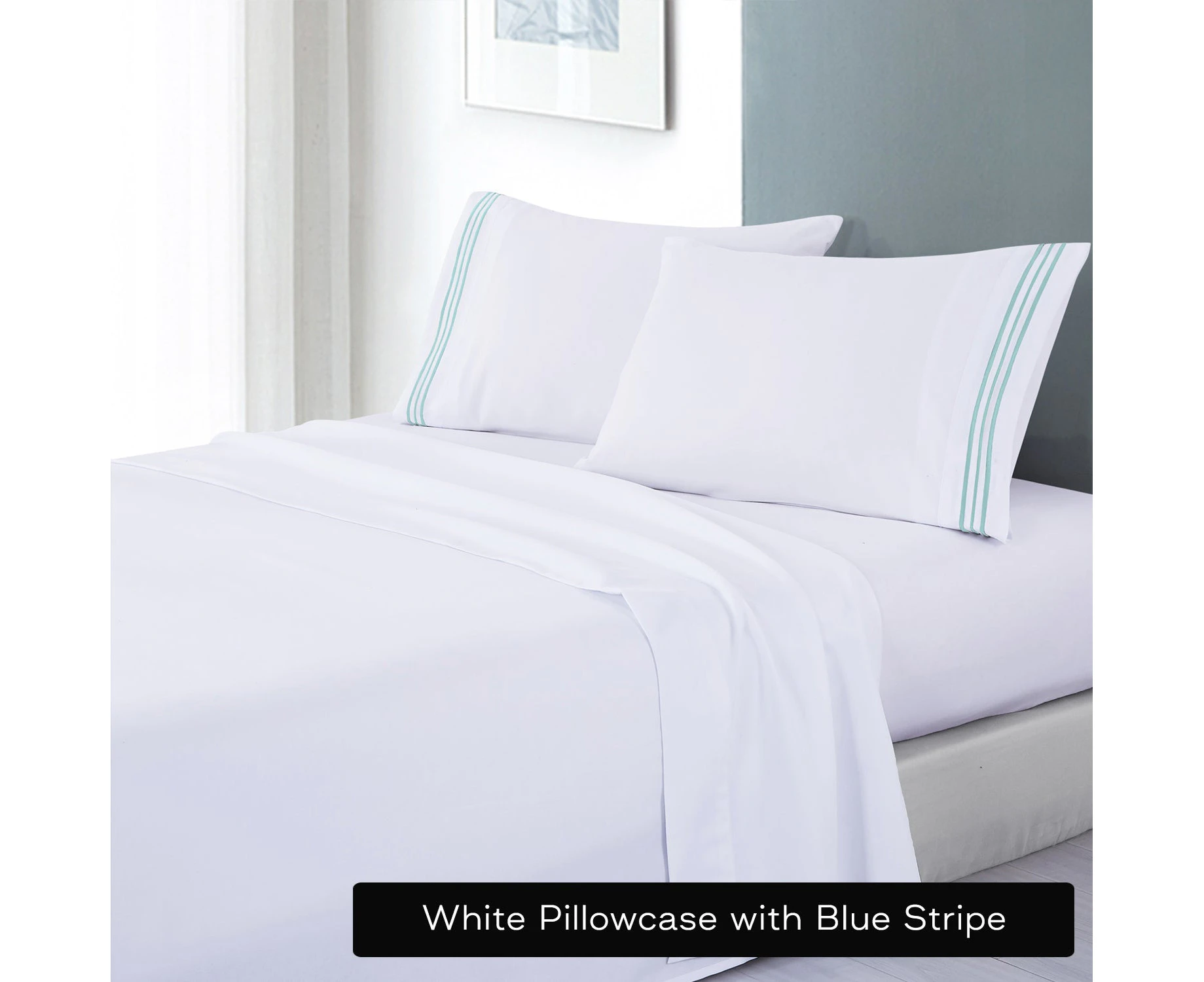 Opulenc White Soft Microfibre Sheet Set With Colourful Embroidered Stripe - Blue Stripe