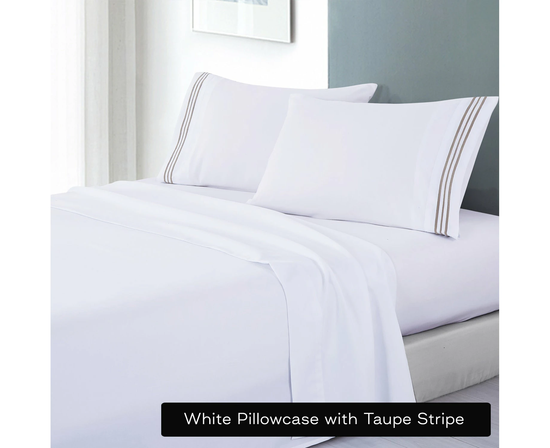 Opulenc White Soft Microfibre Sheet Set With Colourful Embroidered Stripe - Taupe Stripe