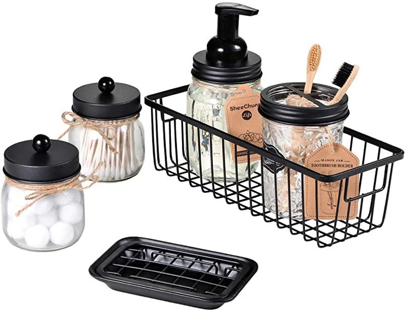 (Black) - SheeChung Mason Jar Bathroom Accessories Set(6PCS) - Foaming Soap Dispenser,Toothbrush Holder,Qtip Holder,Apothecary Jars, Soap Dish,Metal Wire S