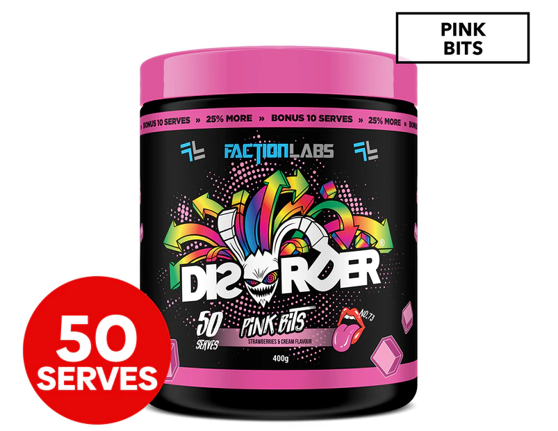 Faction Labs Disorder Pre-Workout Powder Pink Bits (Strawberries & Cream) 400g / 50 Serves