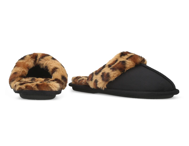 Jessica Simpson Women's Animal Faux Fur Slippers - Black