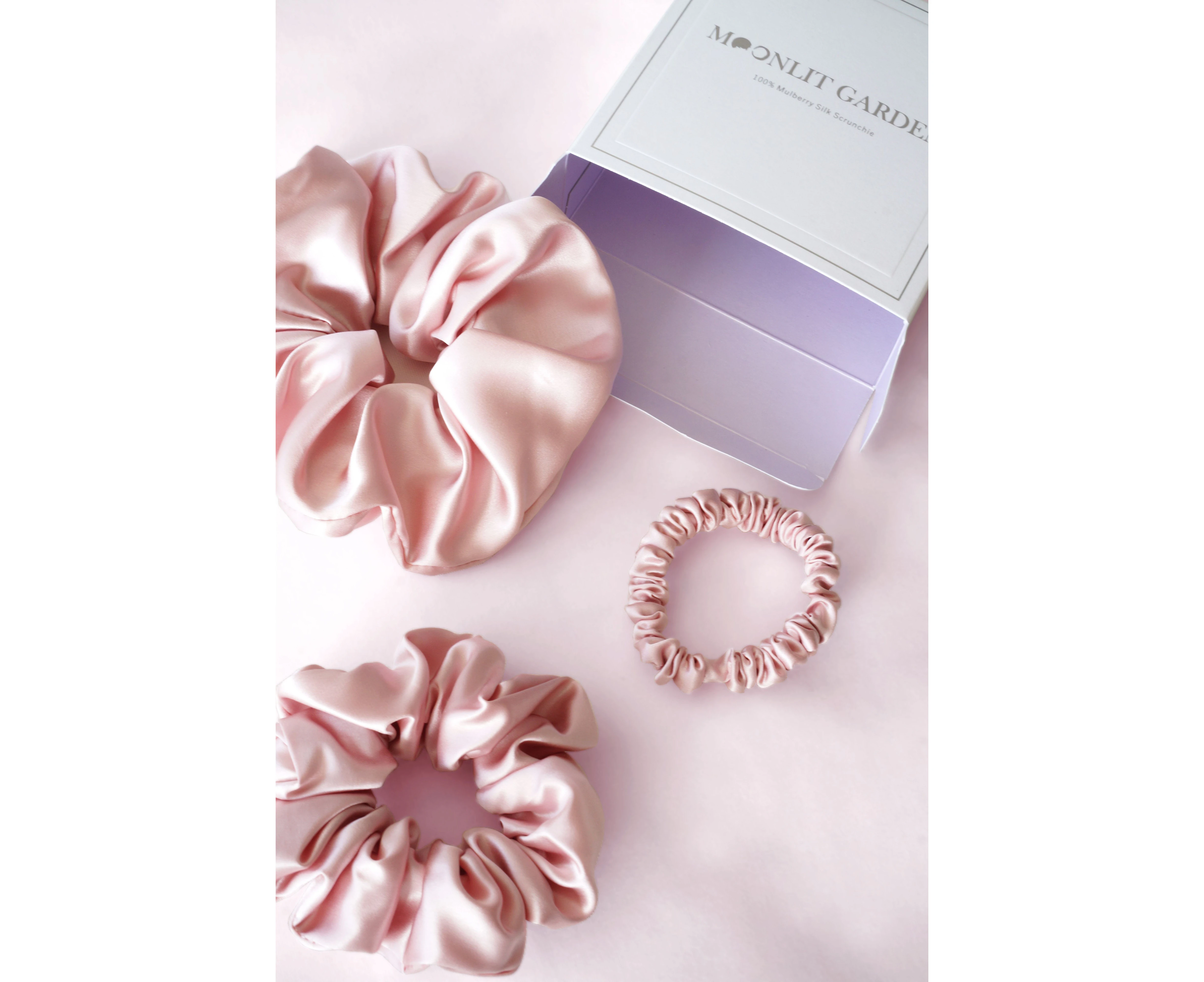 Moonlit Garden Luxury 100% Pink Mulberry Silk Scrunchies Hair Ties