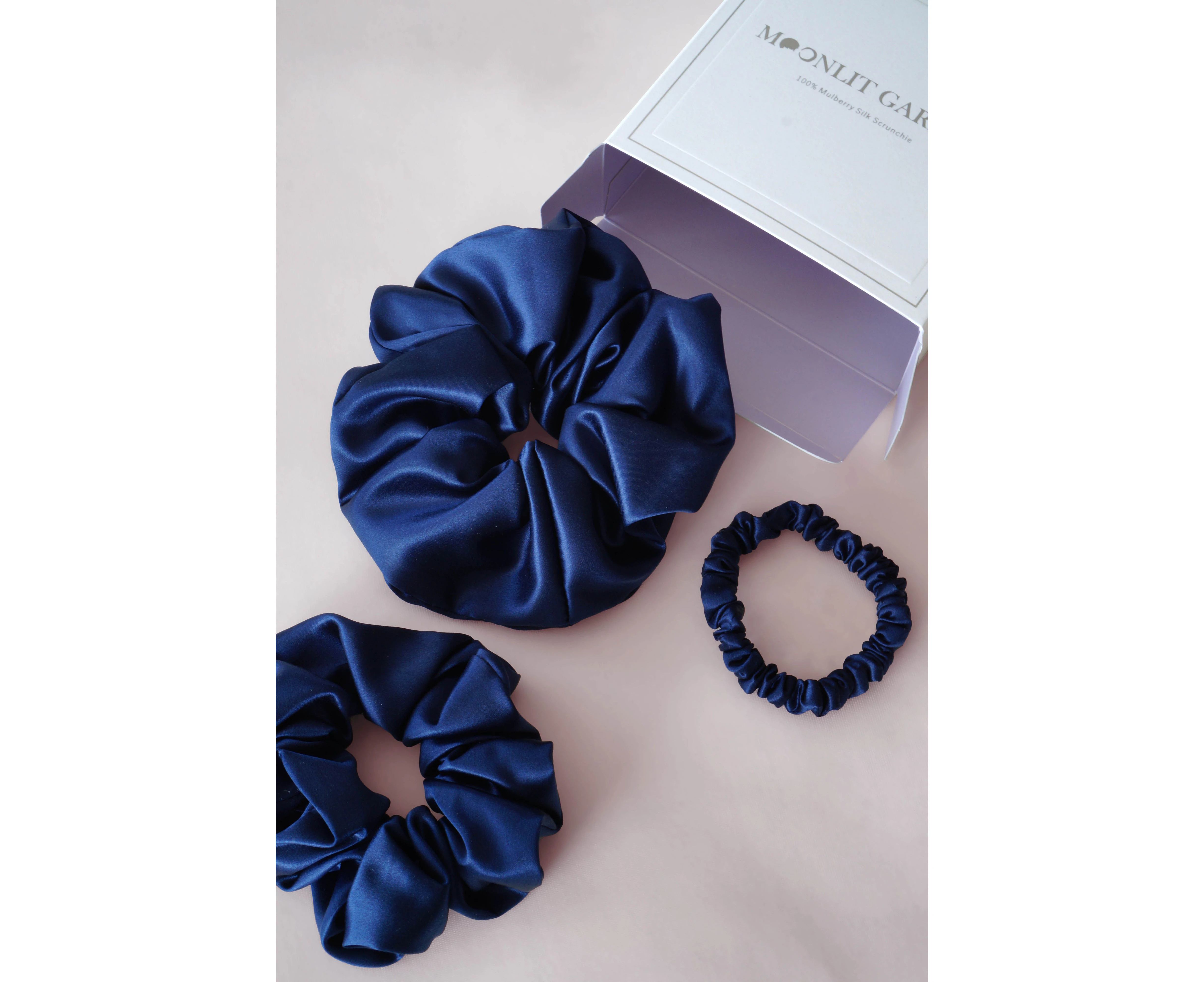 Moonlit Garden Luxury 100% Navy Mulberry Silk Scrunchies Hair Ties