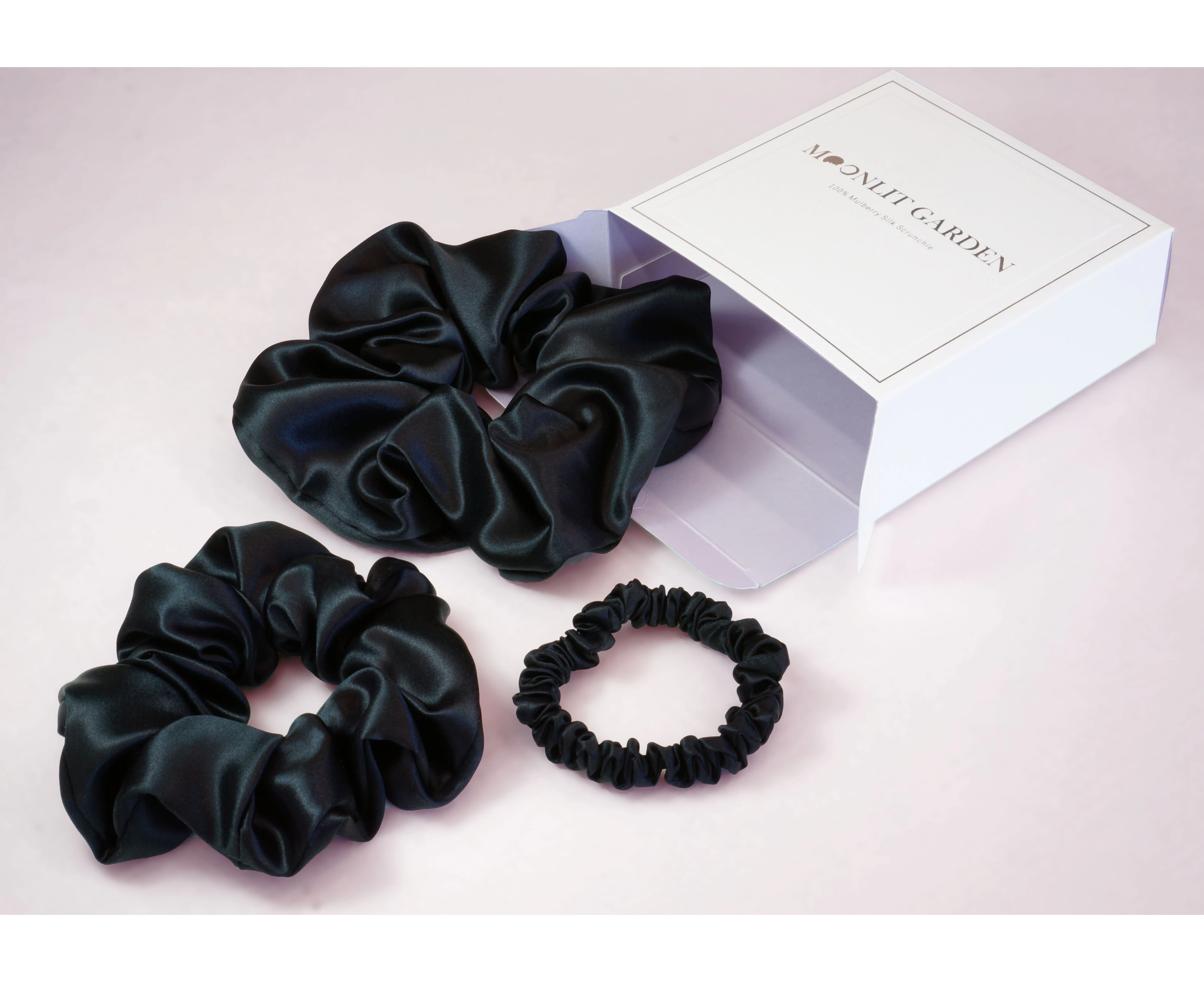 Moonlit Garden Luxury 100% Black Mulberry Silk Scrunchies Hair Ties