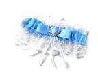 Women Bridal Wedding Garter Satin White Blue Purple Diamante Bow Heart Throw Keep Lace - Blue 2 Hearts