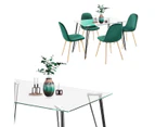 5 Piece Modern Home Furniture Set Square Glass Table 4 Green Velvet Chairs