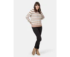 Jeanswest Womens  Aspen Curve Hem Essential Knit White/Camel Stripe
