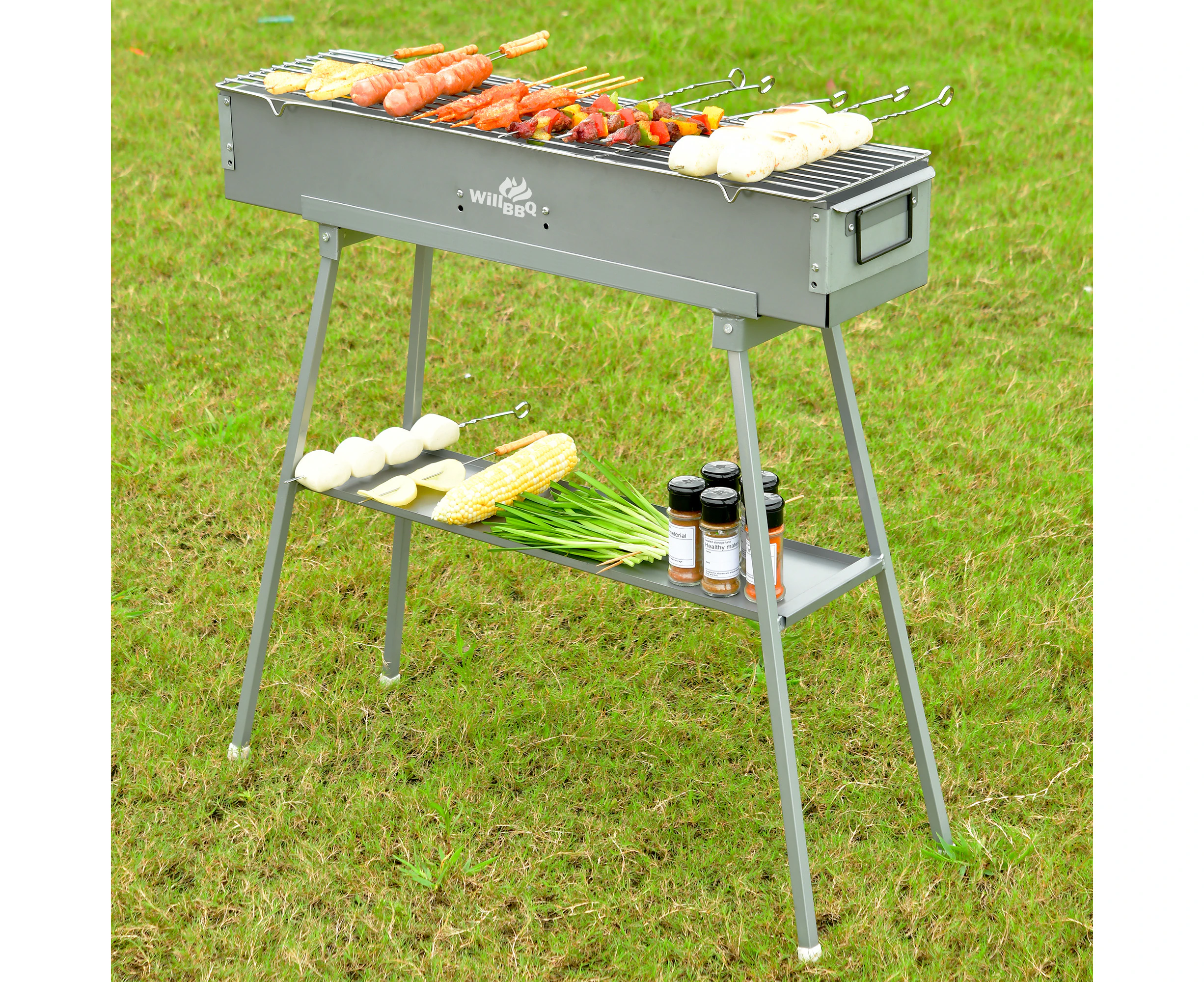 WillBBQ 80(L)x18(W)cm Charcoal BBQ Portable Hibachi Grill for Skewer and Kebabs