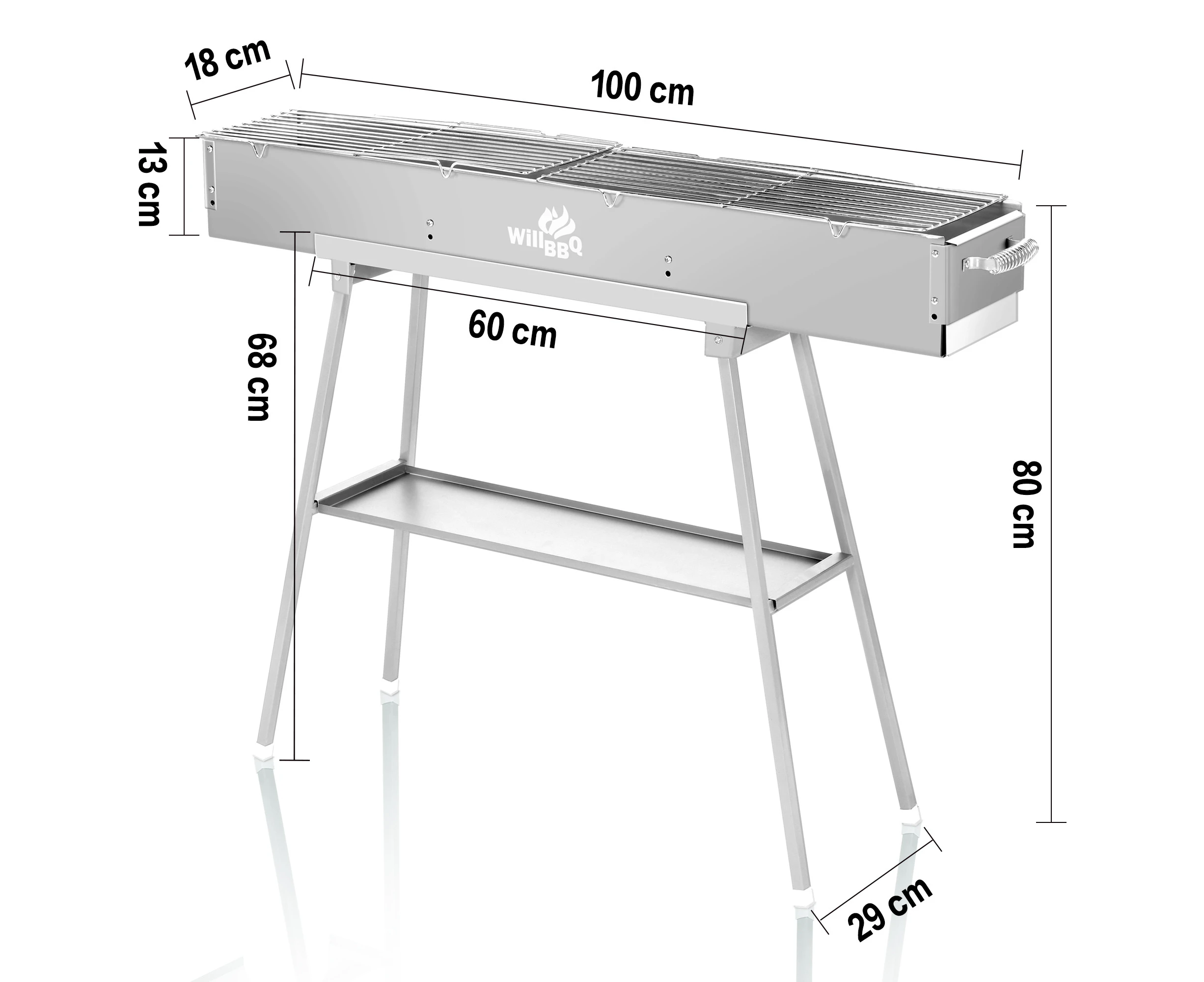 WillBBQ 100(L)x18(W)cm Charcoal BBQ Portable Hibachi Grill for Skewer and Kebabs