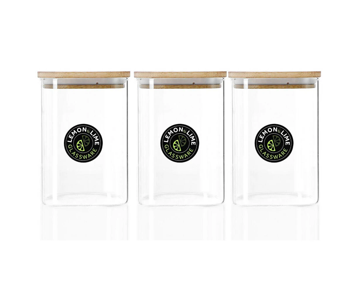 3x Lemon & Lime Camden 1.1L Glass Jar Square Storage Container w/ Bamboo Lid CLR