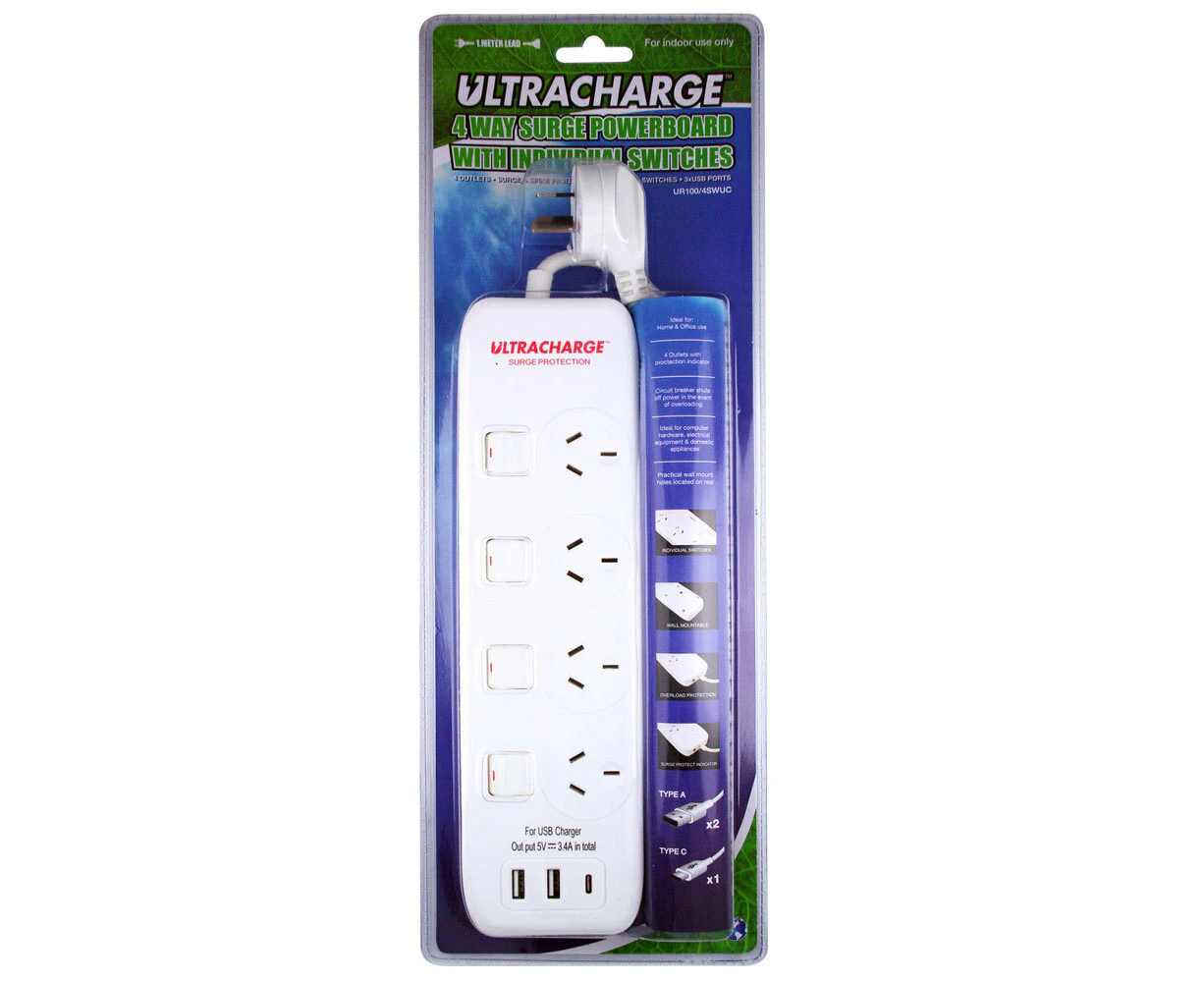 Ultracharge Power Board 4 Way Switch Surge Protection w/ 3x USB 3.4A Total White