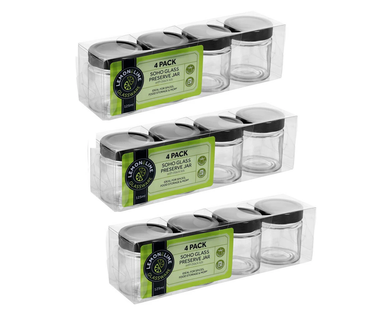 12PK Lemon & Lime Soho Glass Preserve Jar 125ml w/ Black Lid Storage Container