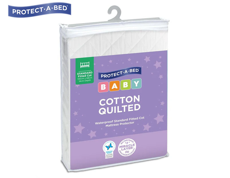 Protect-A-Bed Quilted Cotton Fitted Standard Cot Waterproof Mattress Protector - White