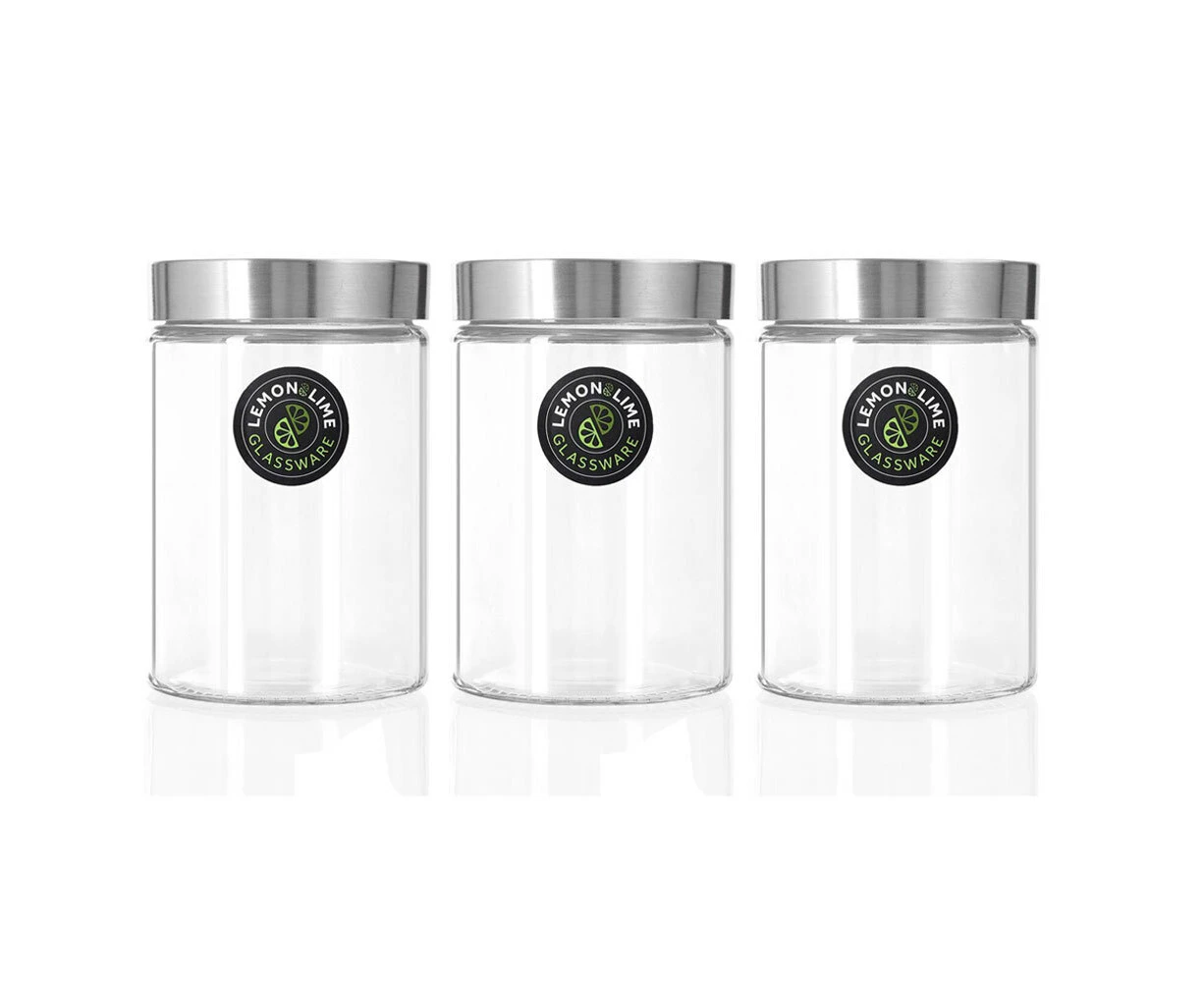 3x Lemon & Lime Alto 1.2L Glass Jar 17cm Stainless Steel Lid Kitchen Storage CLR