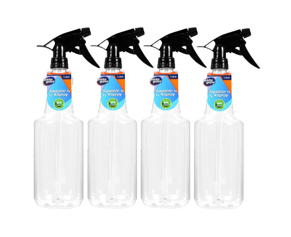 4PK White Glove Spray Bottle 1L Refillable Container Jar w/ Spray Nozzle Black