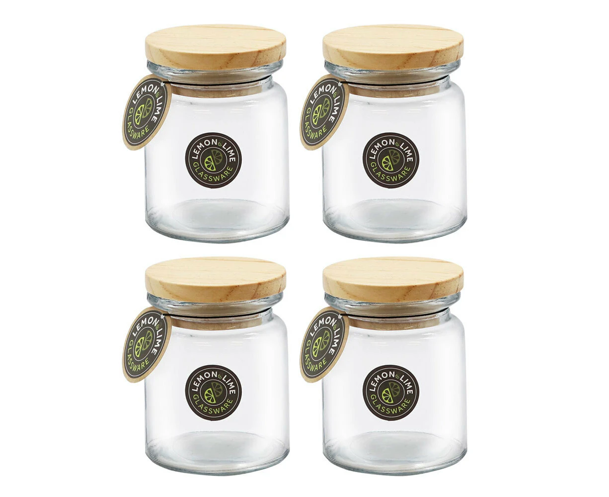 4x Lemon & Lime Glass Jar With Wooden Lid 250ml 10.5cm Kitchen Storage Container