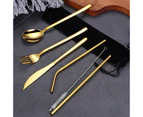6Pcs/Set Portable Stainless Steel Cutlery Set Straw Set With Storage Bag Gold