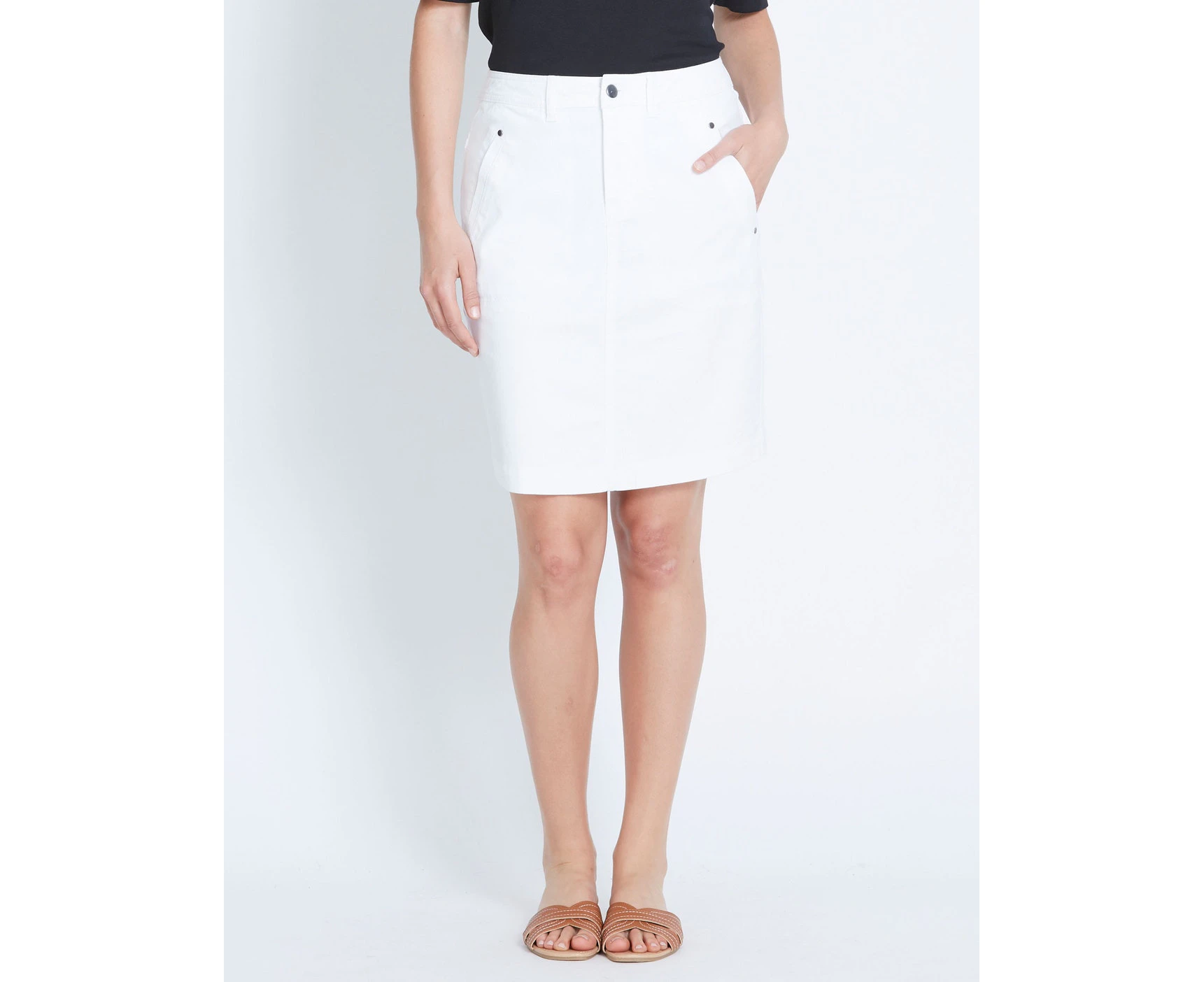 Katies - Womens - Skirts - All Season - White - Cotton - Pencil / Straight - Knee Length - Fitted - Stretch Elastane - Canvas - Fashion - Clothes