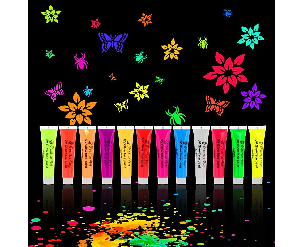 UV Paint Kit for Face & Body | Professional Glow Under Blacklight Paint with 12 Colours, 60 Sticker Stencils & 3 Brushes | Safe, Washable Neon Glow Paint f
