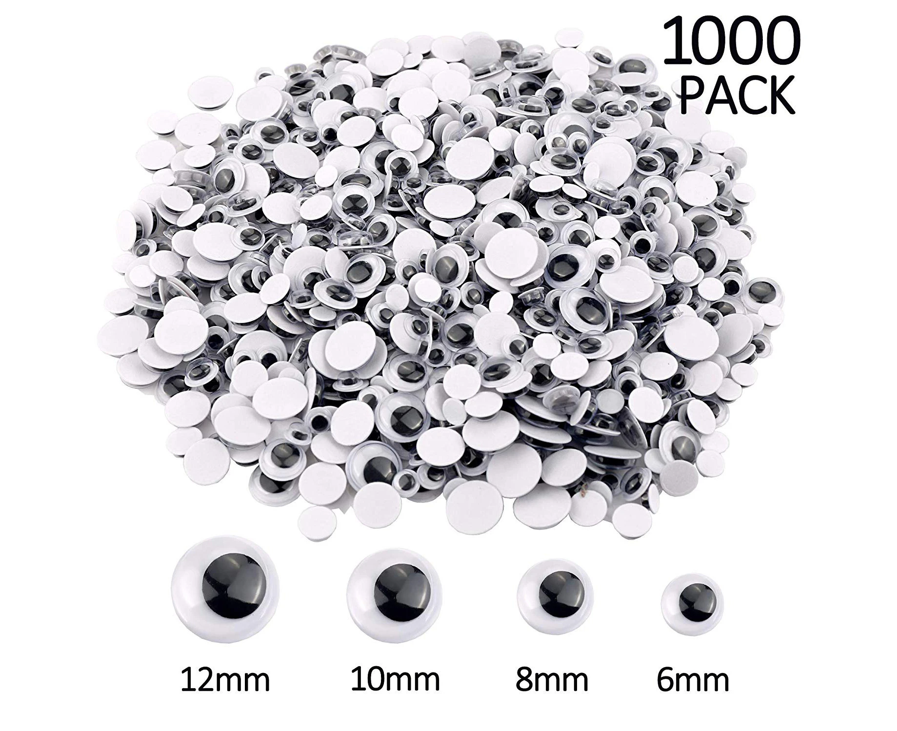 (1000) - Upins 1000 Pcs Black Wiggle Googly Eyes with Self-Adhesive, 6mm 8mm 10 mm 12mm Mixed Packaging