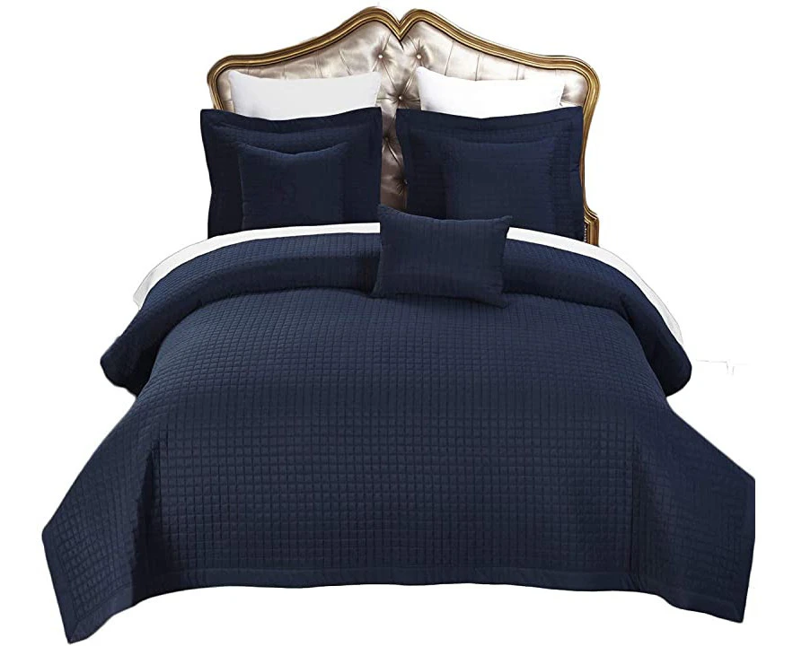 (King/Cal-King, Navy) - Royal Hotel Chequered Style Soft and Plush Coverlet, 3PC Set Stiched Filled Bedspread, Extra Soft Bed Cover, Chequered Pattern Quil