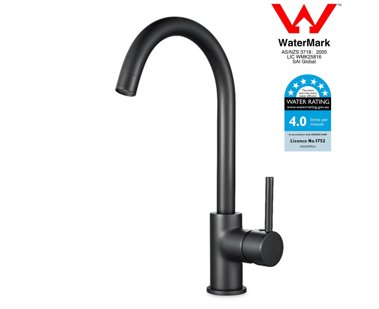 WELS Kitchen Sink Mixer Tap 360°Swivel Round Bar Sink Faucet Gooseneck Spout Black