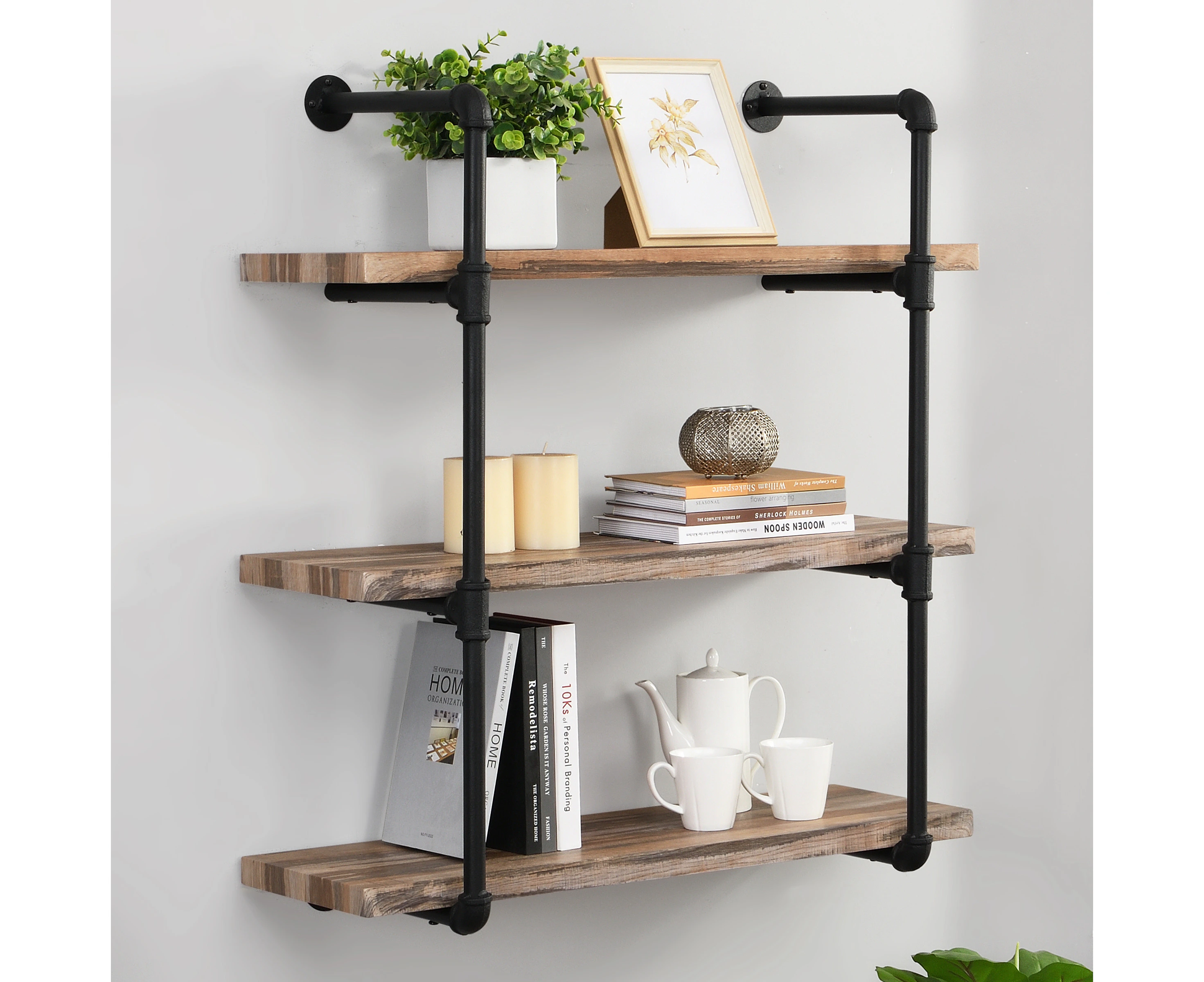 IHOMDEC 3 Tier Industrial Pipe Wall Shelf Retro Brown