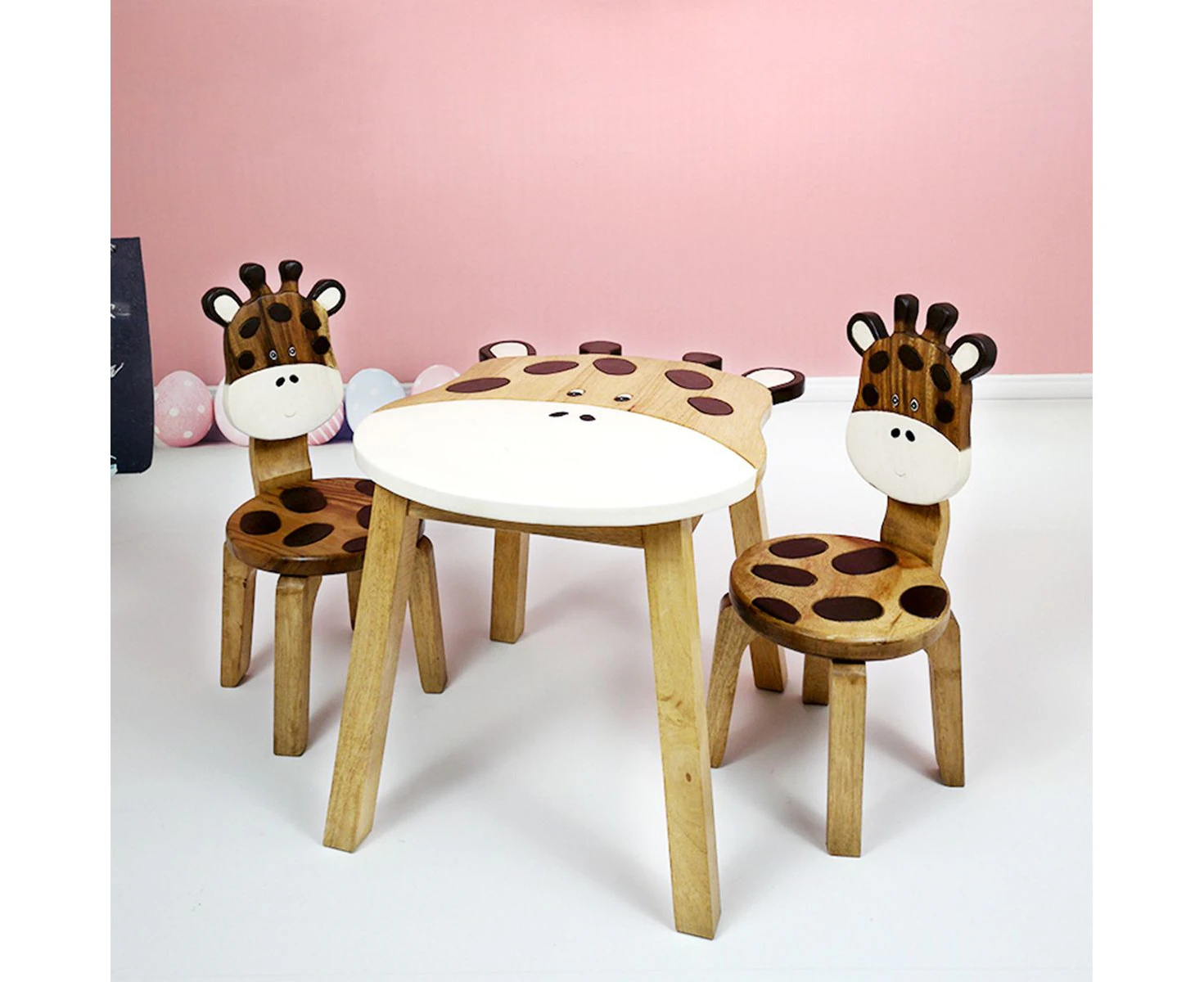 Kids Wooden Table + 2 Chairs Set Giraffe Design Carved Timber Children Furniture.