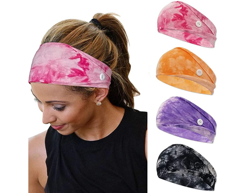 (Tie Dye 2) - YONUF Headbands For Women Girls With Buttons Elastic Yoga Hair Bands Accessories Tie Dye 4 Pcs