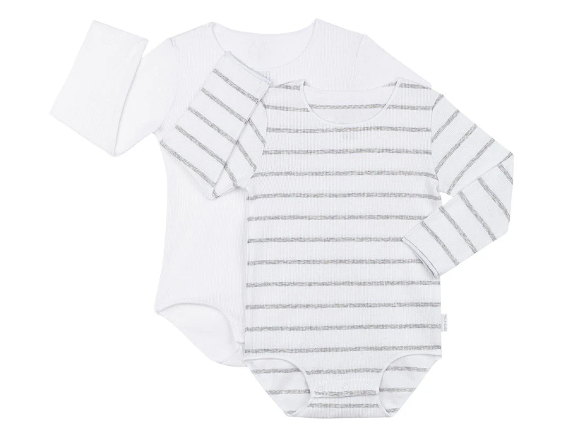Bonds Baby Rib Long Sleeve Bodysuit 2-Pack - Grey Stripe/White