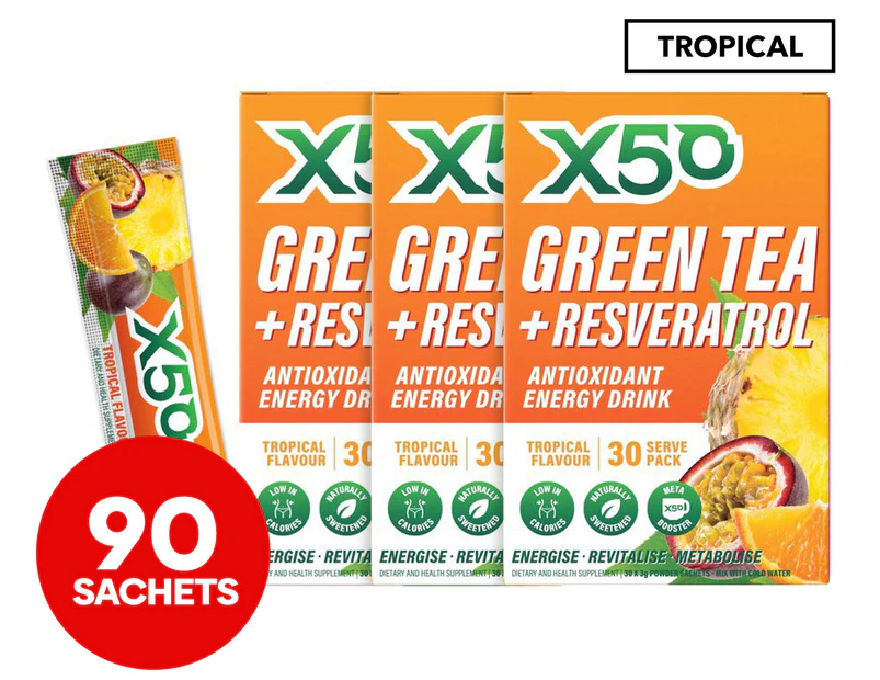3 x X50 Green Tea + Resveratrol Antioxidant Energy Drink Tropical 30 Serves