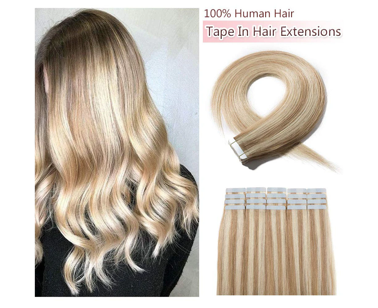 (60cm , Ash Blonde&Bleach Blonde) - Tape In Hair Extensions Human Hair Invisible Seamless Skin Weft Double Side Tape Remy Human Hair Extensions Natural Str