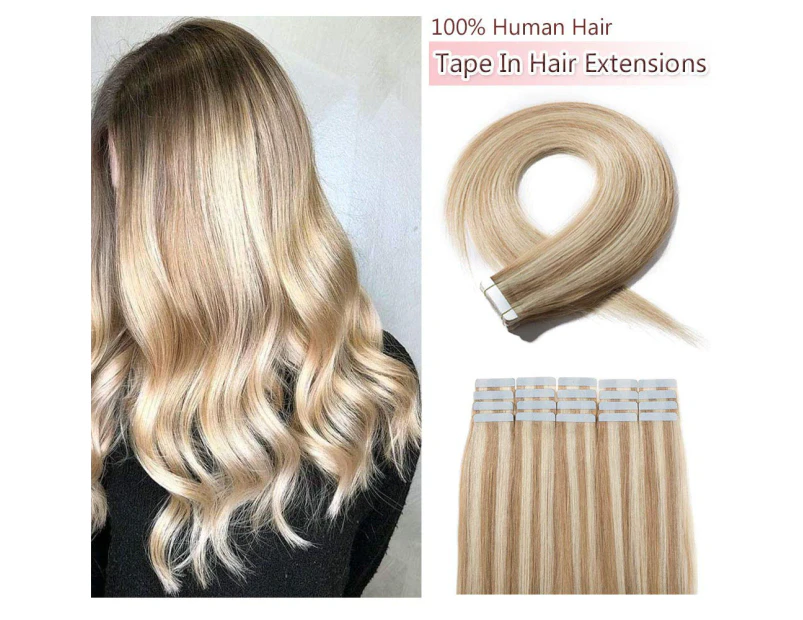 (60cm , Ash Blonde&Bleach Blonde) - Tape In Hair Extensions Human Hair Invisible Seamless Skin Weft Double Side Tape Remy Human Hair Extensions Natural Str
