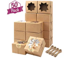 Moretoes 50pcs Brown Bakery Boxes with Window Cupcake Boxes 4x 4Inches x 6.4cm Kraft Paper Gift Boxes for Pastries, Small Cakes and Cookies
