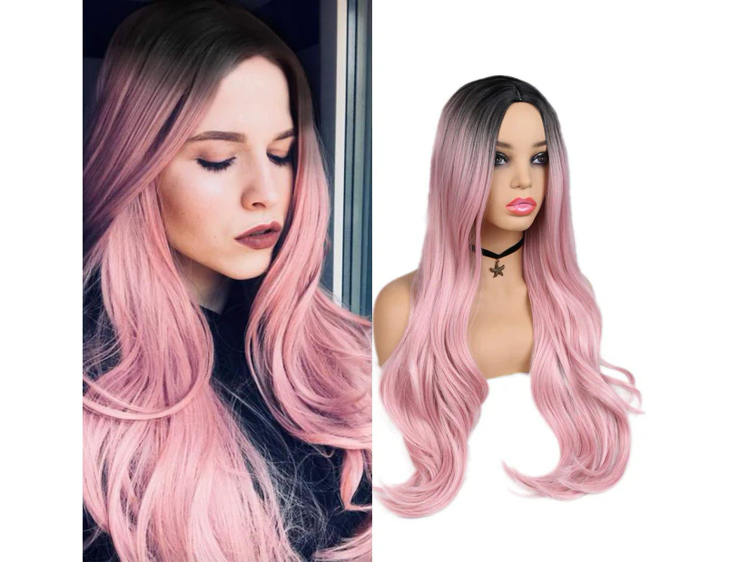 (Black&Pink) - WIGER Ombre Pink Wig Dark Roots Middle Part Long Natural Hair Wigs Heat Resistant Synthetic Daily Party Cosplay Full Wigs for Women Girls