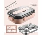 5 Grid Portable Stainless Steel Bento Box Kitchen Leak-Proof Lunch Box Picnic Office School Food Container Pink 3