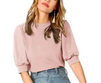 Women's Solid Crew Neck Pullover Puff Sleeve Keyhole Back Blouse-Pink - Pink