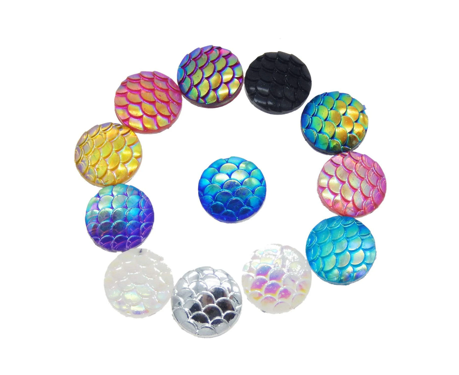 (12mm) - JJG 100 PCS Dragon/Mermaid Scale Resin Flat Back Round Dome Cabochons DIY Accessories, 12mm Diameter, Random Colour