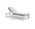 Outdoor Arcadia Aluminium Sun Lounge In White With Balmoral Teak Slide Under Side Table - Outdoor Daybeds - White Aluminium with Denim Grey Cushions