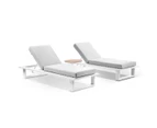 Outdoor Arcadia Aluminium Sun Lounge Set In White With Balmoral Teak Round Side Table - Outdoor Daybeds - White Aluminium with Denim Grey Cushions