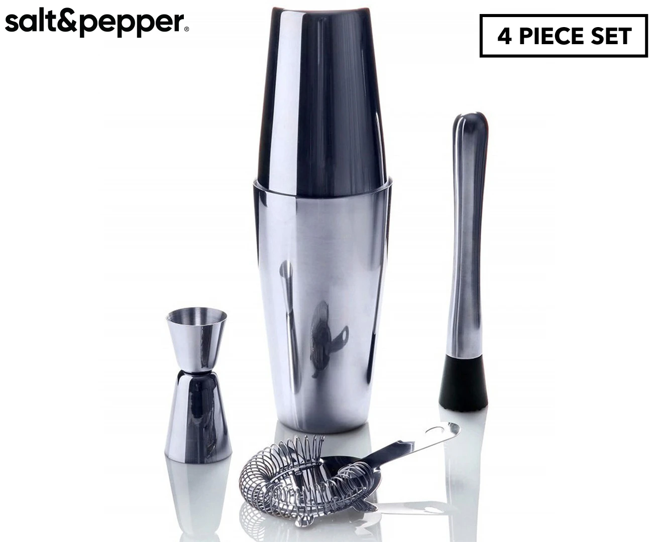 4pc Salt & Pepper Bond Boston Cocktail Drink Shaker Set Stainless Steel Silver