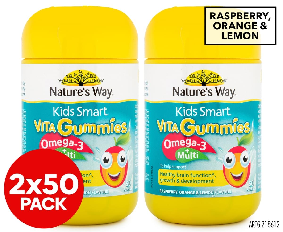 2 x Nature's Way Kids Smart Omega 3 + Multi Vita Gummies Raspberry, Orange & Lemon 50pk