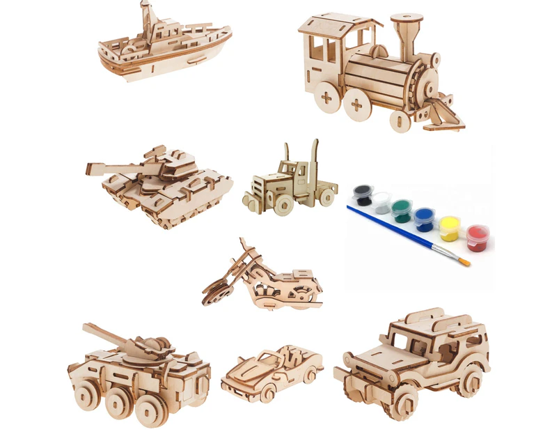 Build and Paint your own Model kit set 8 different vehicles in bundle plus 8 paint brush sets