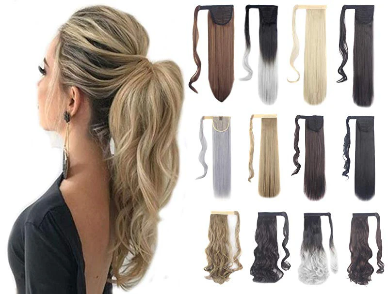 (46cm -Curly, Dark Black) - Felendy 46cm 60cm Ponytail Extension Curly Straight Drawstring Hairpiece Wrap Around Long Hair Extension for Women Dark Black