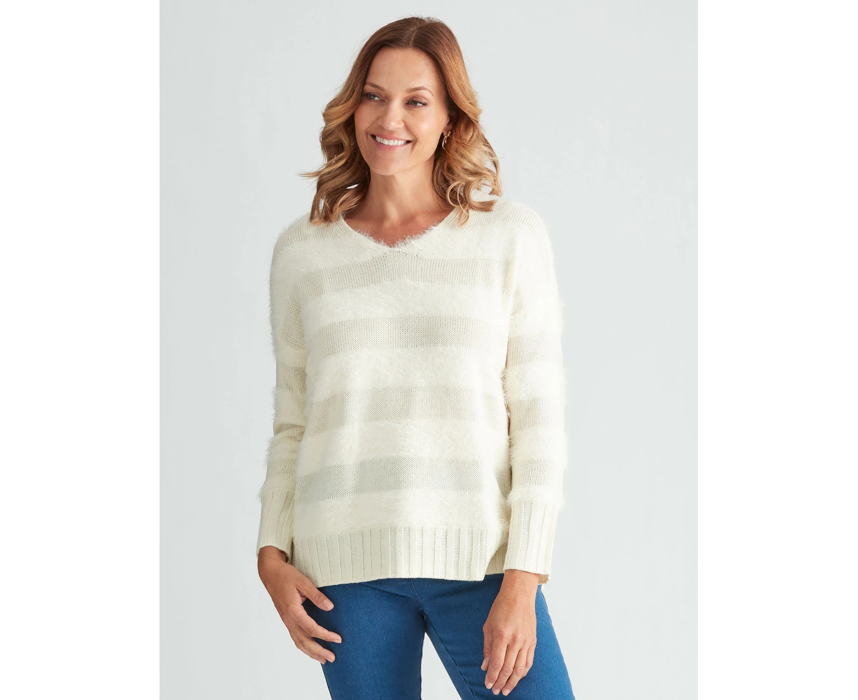 Millers - Womens - Jumper - Winter - Beige - Pullover / Sweater - Long Sleeve - Solid Cream Stripe - Casual Fashion - Office Wear - Work Clothes