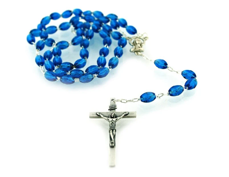 (Dark Blue) - Catholic Rosary with Metal Crucifix Cross Made in Italy Miraculous Blue Oval Beads (Dark Blue)