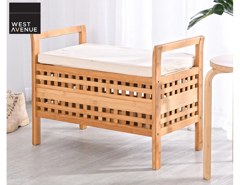 West Avenue Bamboo Storage Bench w/ Cushion - Natural