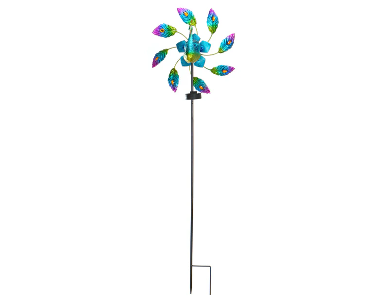 Solar Metal Windmill Peacock Wind Spinner LED Light Garden Decor