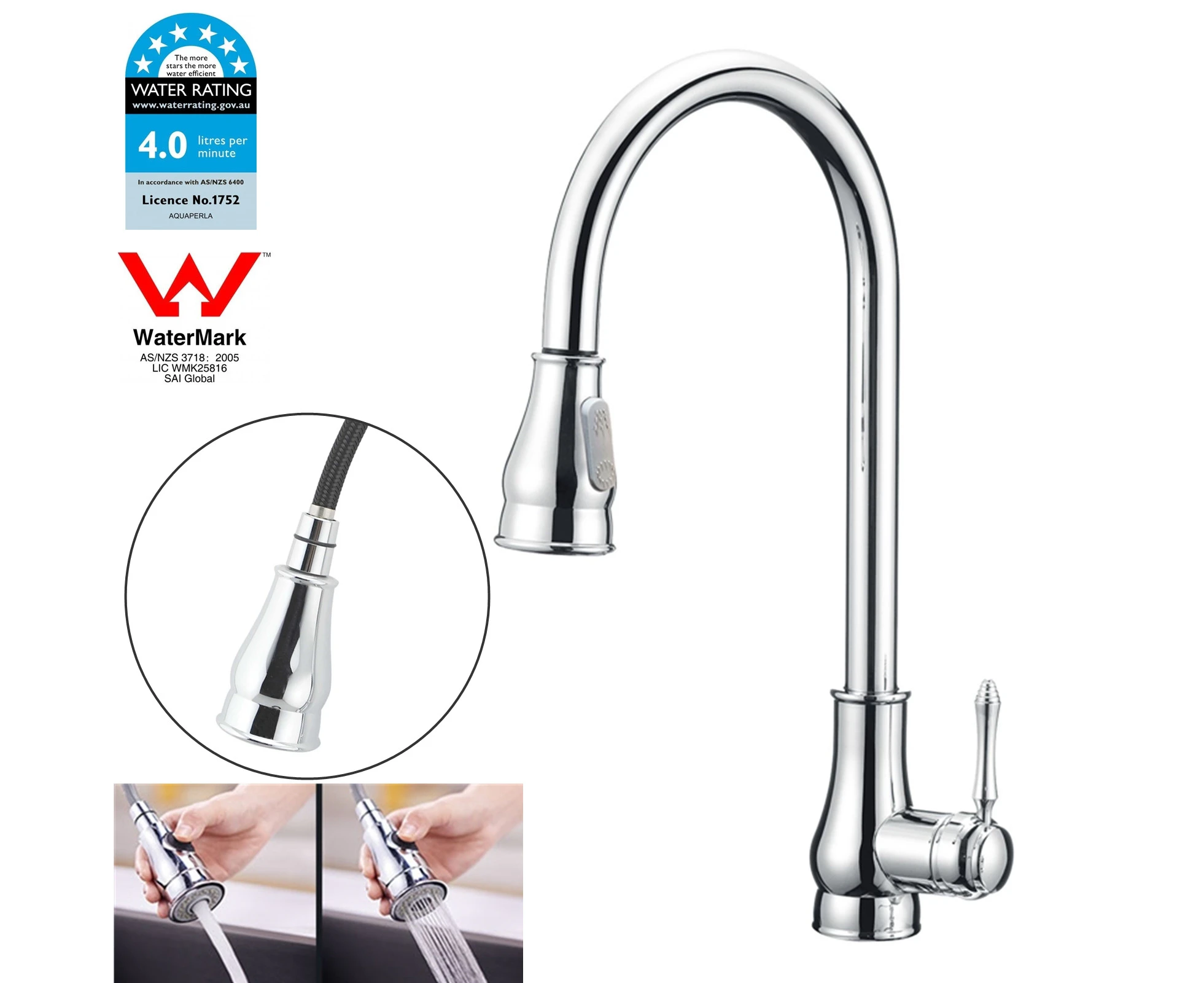 WELS Pull Out Kitchen Sink Mixer Tap 360°Swivel Kitchen Faucet Columnar Water Shower Water Round Chrome