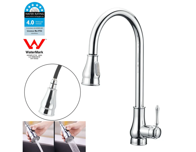 WELS Pull Out Kitchen Sink Mixer Tap 360°Swivel Kitchen Faucet Columnar Water Shower Water Round Chrome